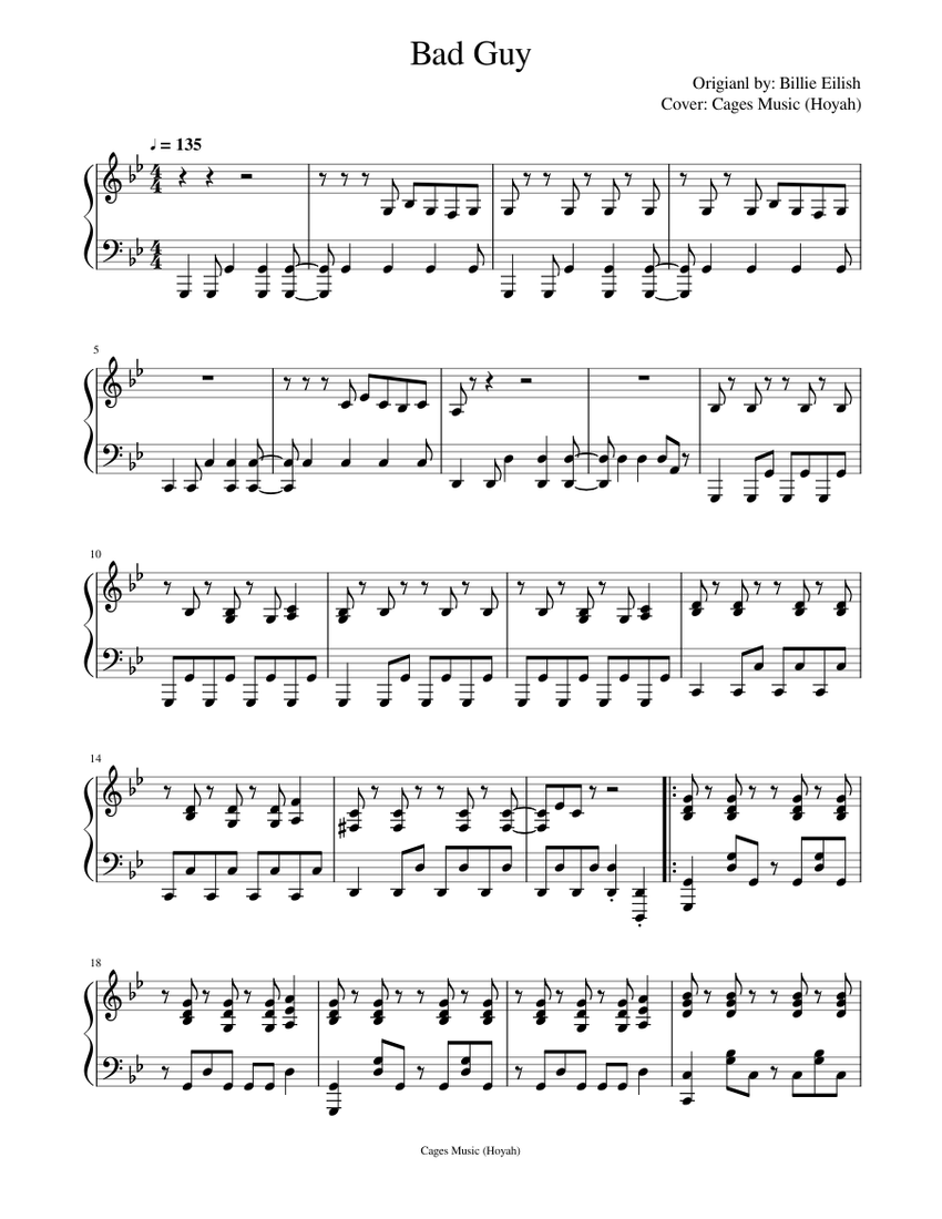 Billie Eilish - Bad Guy (Piano Cover) Sheet Music for Piano (Solo ...