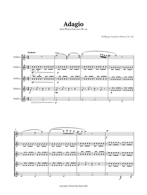 Andante from Piano Concerto No. 21 by Mozart for Violin Quintet (Arr. Ander) (String Ensemble)