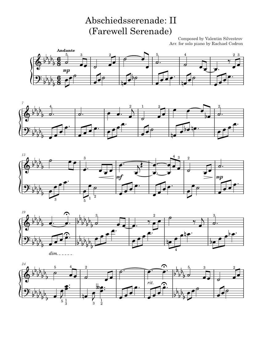 Abschiedsserenade II (Farewell Serenade) Valentin Silvestrov Sheet