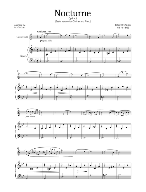 "Nocturne" (Chopin) - Beautiful EASY version for CLARINET and PIANO (Arr. Iury Cardoso) - Frédéric Chopin (Clarinet and Piano)