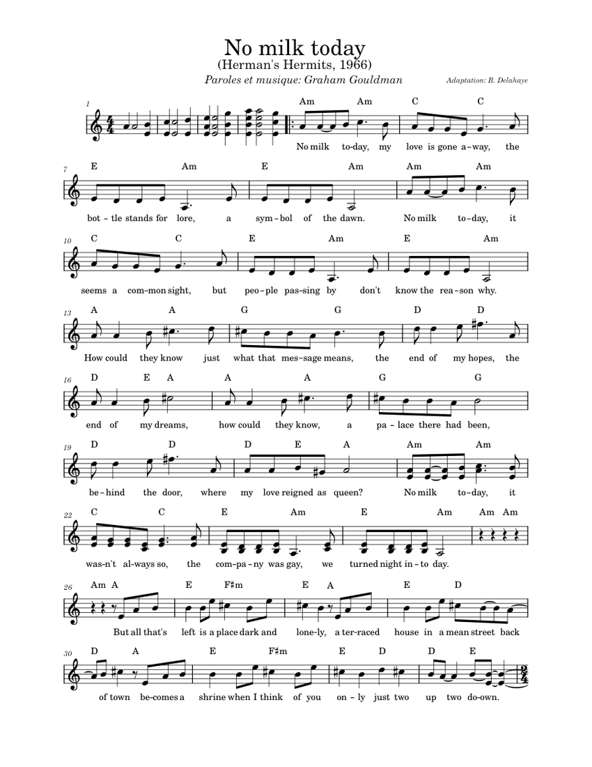 No milk today Hermans Hermits Sheet music for Vibraphone (Solo)