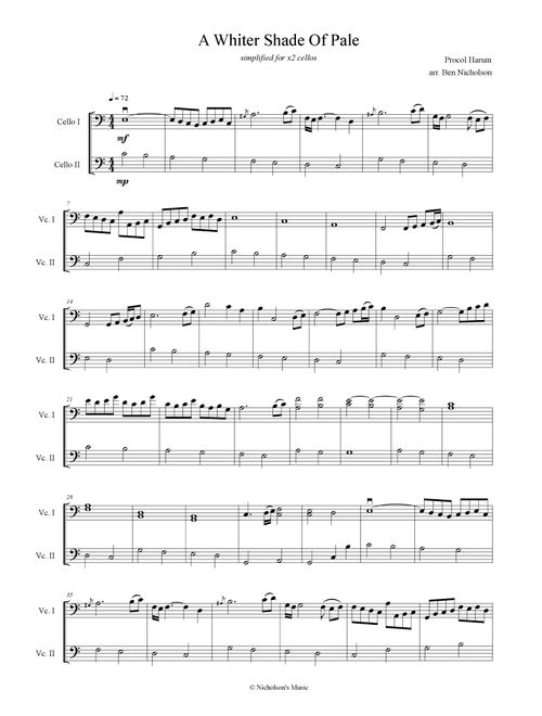 A Whiter Shade Of Pale (Arr. Ben Nicholson, Nicholson's Music) - Procol Harum (Cello Duet)