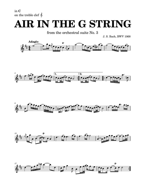 Air on the G string in D, BWV 1068 (accompanied) - for C instruments in treble clef (Arr. Leyandder Trustworthy) - Bach (Large Ensemble)