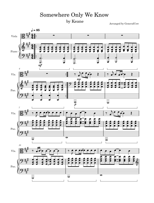 Somewhere only we know – Keane (Viola Solo w/ Piano Accompaniment)