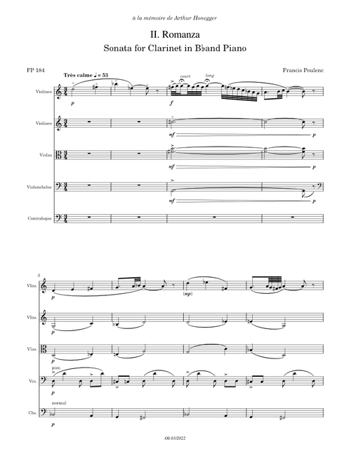 Sonata for Clarinet in B♭ and Piano – Francis Poulenc Francis Poulenc Clarinete Sonata ii. Romanza arr for strings quintet
