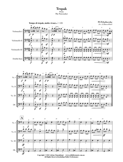 Trepak, from The Nutcracker, by Peter Ilyich Tchaikovsky, arranged for 3 Cellos and 1 Double Bass (Arr. Adrian Mansukhani) (String Quartet)