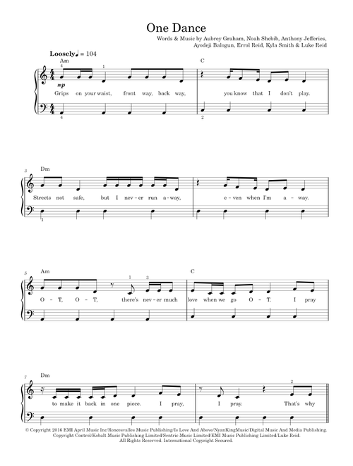 One Dance - Drake (Piano-Vocal-Guitar (Piano Accompaniment))