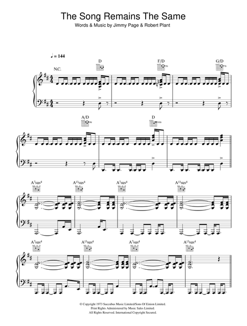Song Remains The Same - Led Zeppelin (Piano-Vocal-Guitar (Piano Accompaniment))