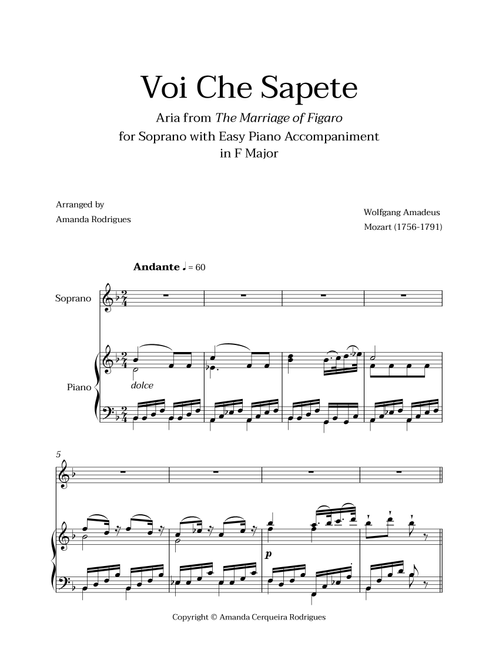 Voi Che Sapete from "The Marriage of Figaro" - Easy Soprano and Piano Aria Duet in F Major (Arr. Amanda Cerqueira Rodrigues) - Wolfgang Amadeus Mozart (Piano Vocal)
