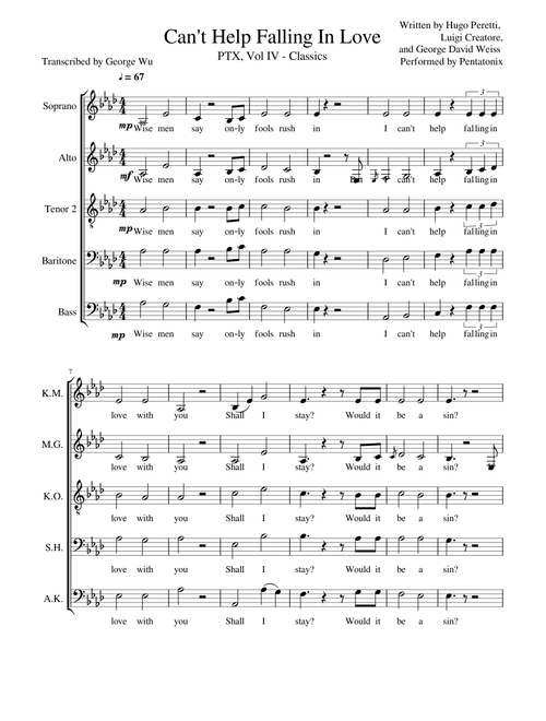 Cant Help Falling In Love Pentatonix Full Sheet Music w Lyrics