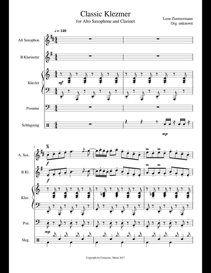 W. I. P. Classic Klezmer Sheet Music For Piano, Trombone, Clarinet In B ...