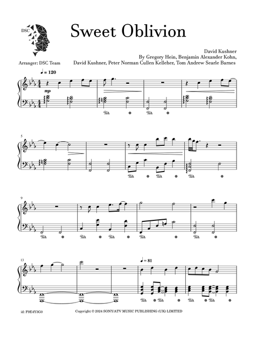 Sweet Oblivion (Arr. Digital Scores Collection) - David Kushner (Piano Solo)