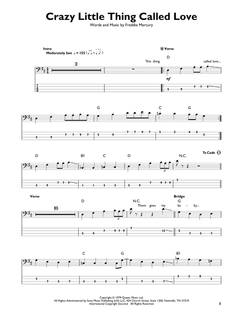 Crazy Little Thing Called Love - Queen (Easy Bass Tab)