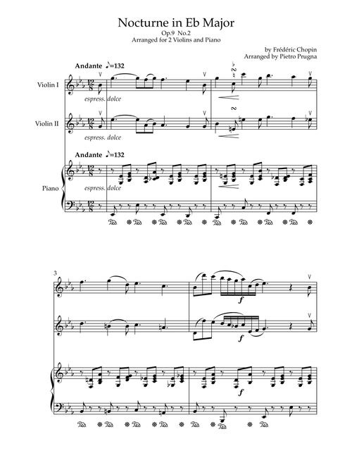 Nocturne in Eb maj (Op.9 No.2) - Arranged for 2 Violins and Piano ("I'll Second This" Series) (Arr. Pietro Prugna) - Frederic Chopin (Instrumental Duet and Piano)