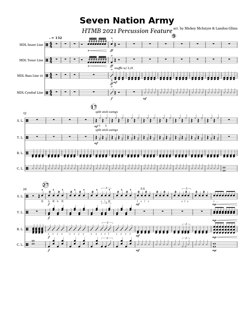 Seven Nation Army Sheet music for Snare drum, Crash, Tenor drum, Bass