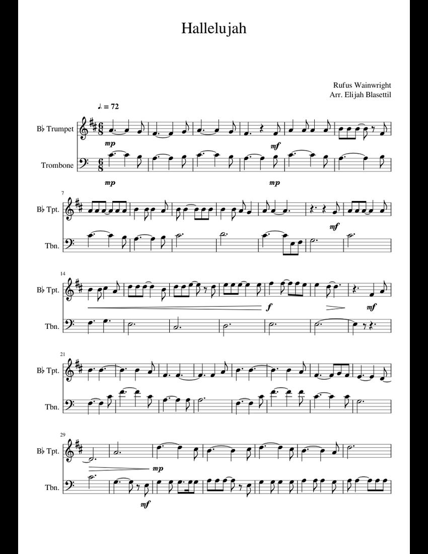 Hallelujah Sheet Music For Trombone, Trumpet In B-flat (Brass Duet ...