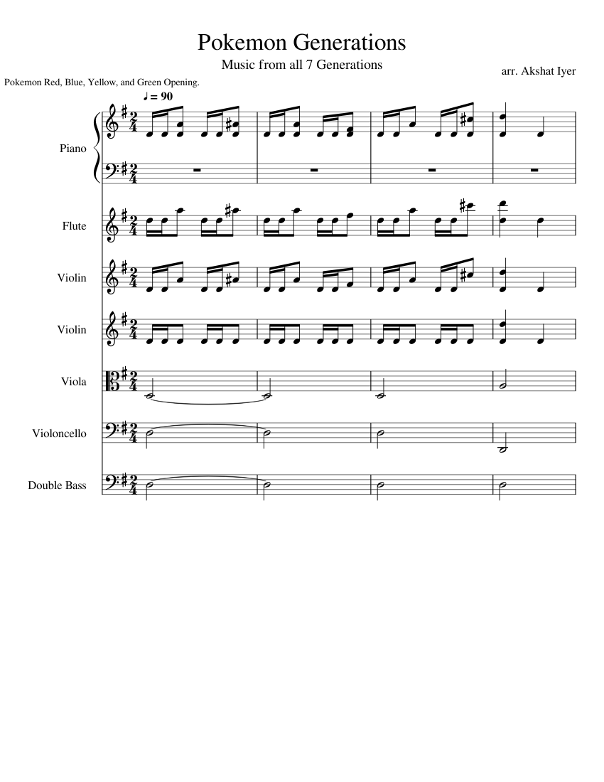 Pokemon Generations Sheet Music for Piano, Flute, Contrabass, Violin ...