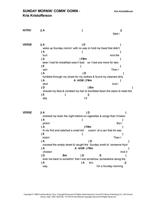 Sunday Mornin' Comin' Down (Arr. Bronson Ferdinand Wright) - Kris Kristofferson (Guitar Chords-Lyrics)