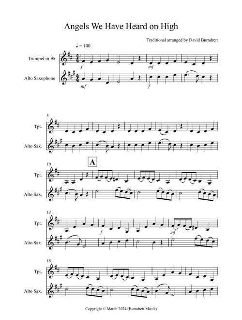 Angels We Have Heard on High for Trumpet and Alto Saxophone Duet (Arr. David Burndrett) - Traditional (Instrumental Duet)