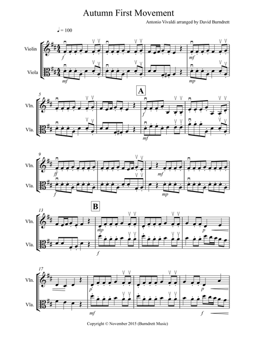 Autumn "Four Seasons" for Violin and Viola Duet (Arr. David Burndrett) - Antonio Vivaldi (Instrumental Duet)