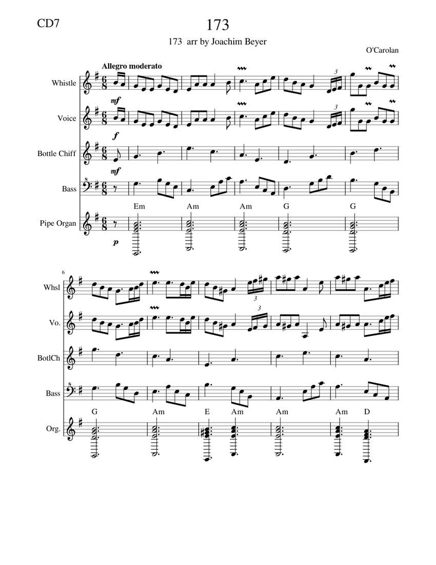 173 – Turlough O'Carolan Sheet Music with Chords for Piano, Organ