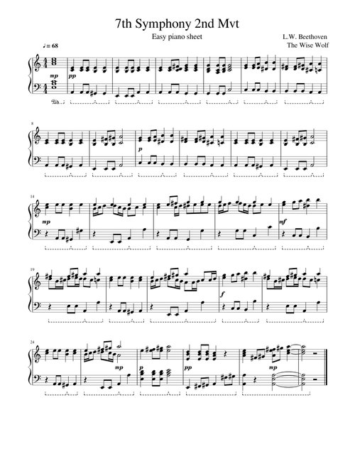 L.W. Beethoven - 7th Symphony - 2nd Mvt - Easy Piano Sheet