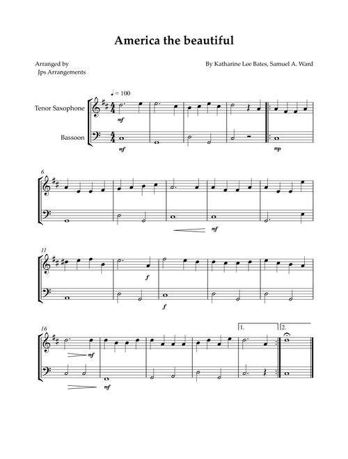 America The Beautiful - duet for Tenor Sax and Bassoon (Arr. Jps Arrangements) - Samuel Ward (Instrumental Duet)