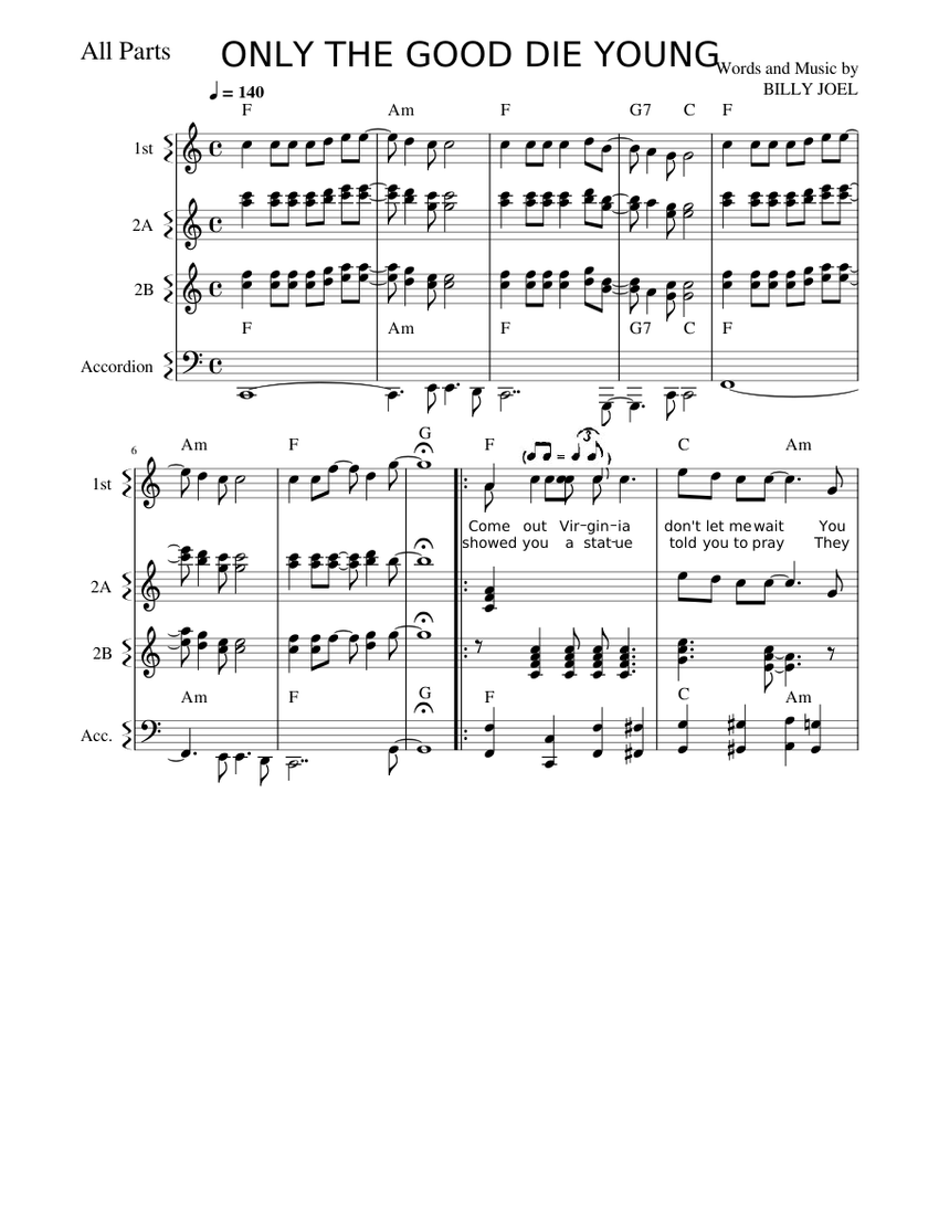 Only The Good Die Young Sheet Music with Chords for Accordion