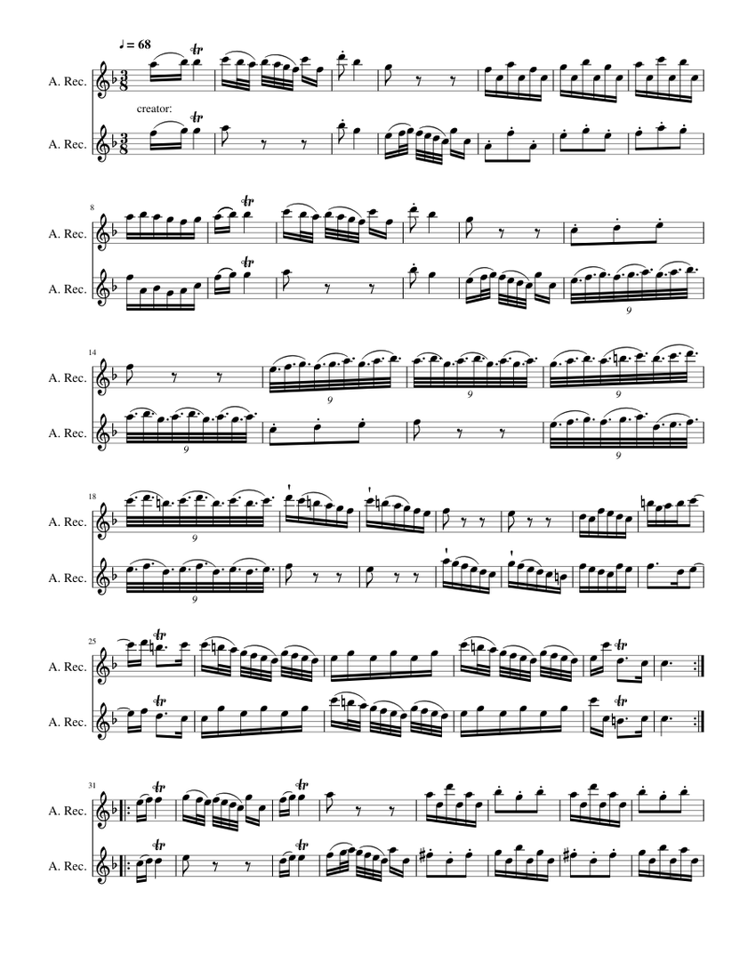 Telemann sonata two flutes op2 no1 vivace Sheet music for Recorder