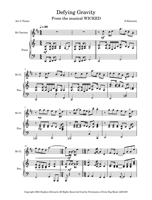 Defying Gravity (Arr. Caroline Venter) - Stephen Schwartz (Clarinet and Piano)