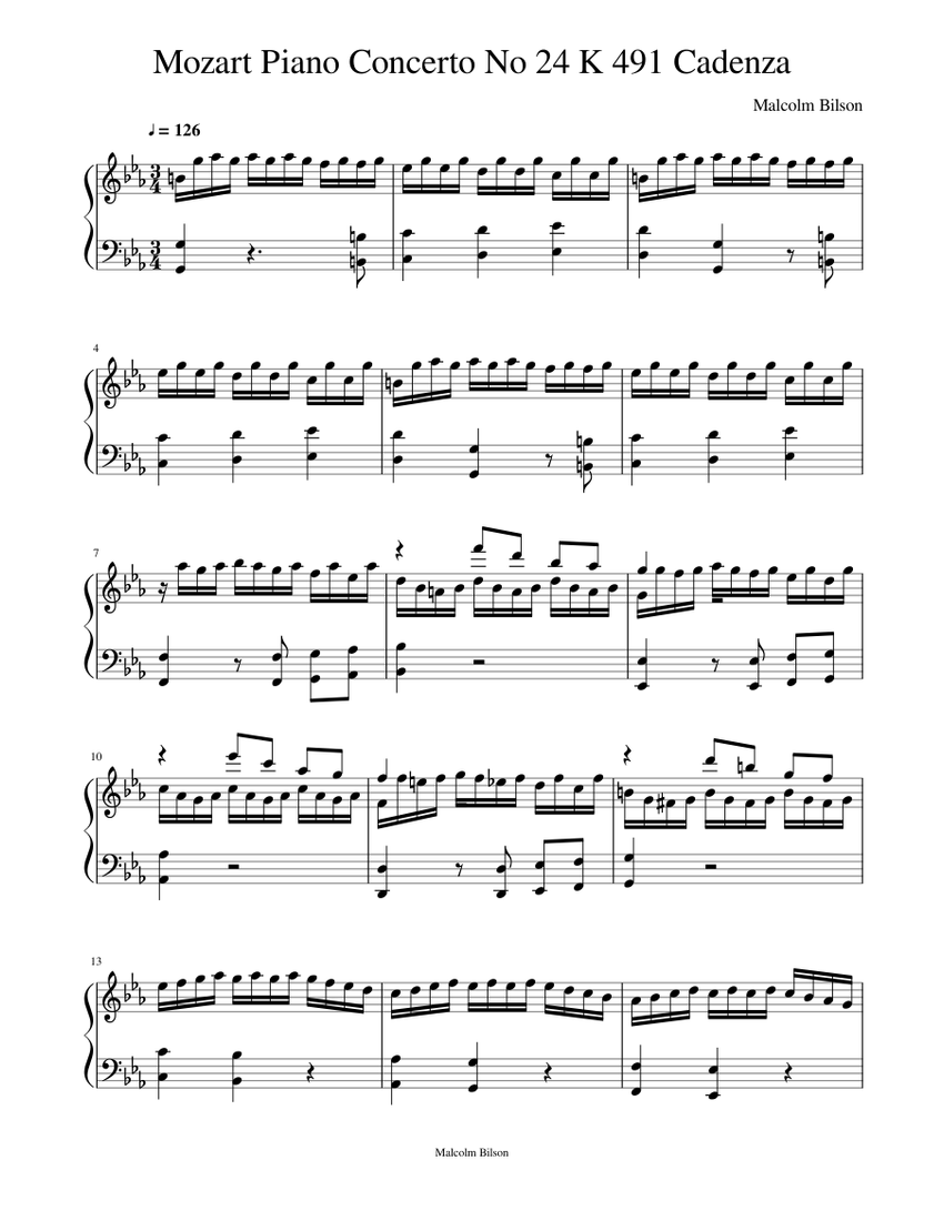 Mozart Piano Concerto No 24 K.491 Cadenza Sheet Music for