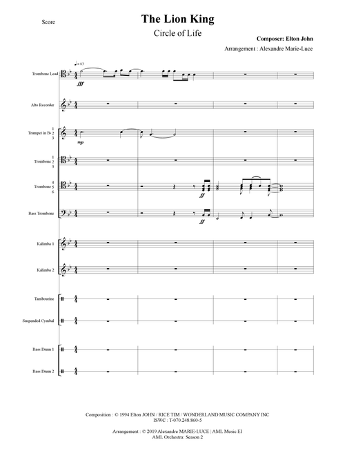 Circle Of Life (Arr. Alexandre Marie-Luce) - Elton John (Large Ensemble)