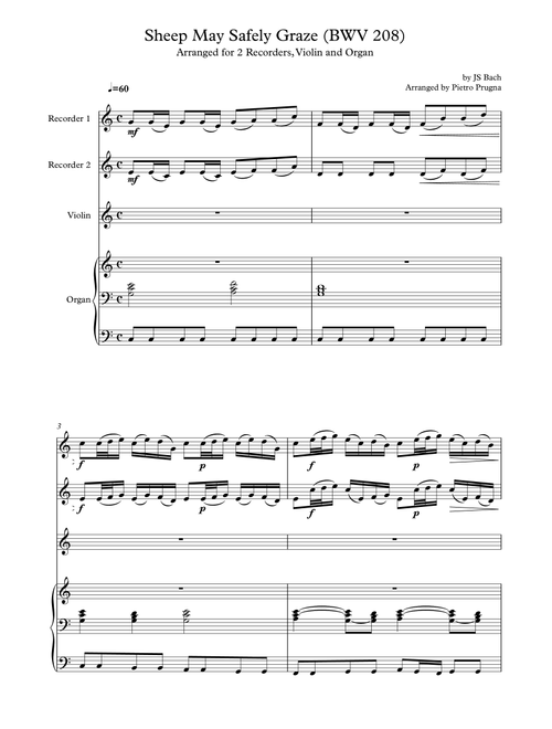 Sheep May Safely Graze (BWV 208) by JS Bach - arranged for 2 Recorders, Violin and Organ (Arr. Pietro Prugna) (Small Ensemble)