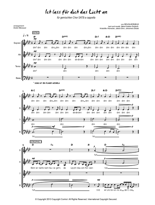 Ich Lass Fur Dich Das Licht An (Arr. André Wenauer) - Revolverheld (Choral, SATB)