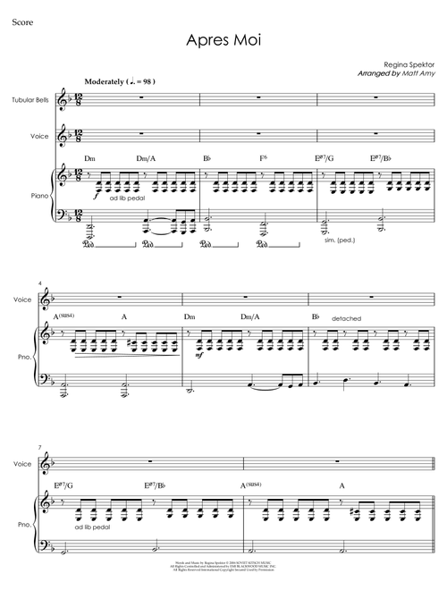 Apres Moi (Arr. Matt Amy) - Regina Spektor (Piano-Vocal-Guitar (Piano Accompaniment))