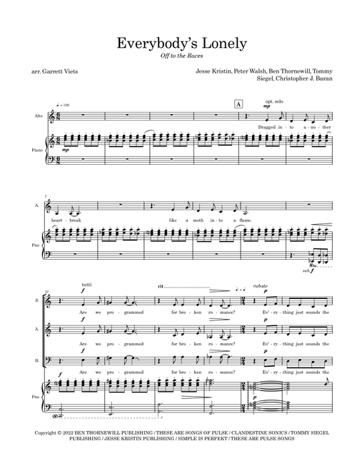 Everybody's Lonely (Arr. Garrett Viets) - Jukebox The Ghost (Choral, SAB)