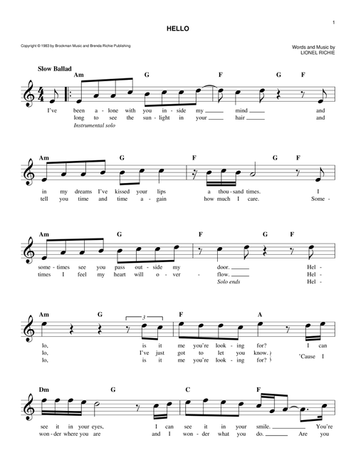 Hello - Lionel Richie (Easy Lead Sheet - Fake Book)