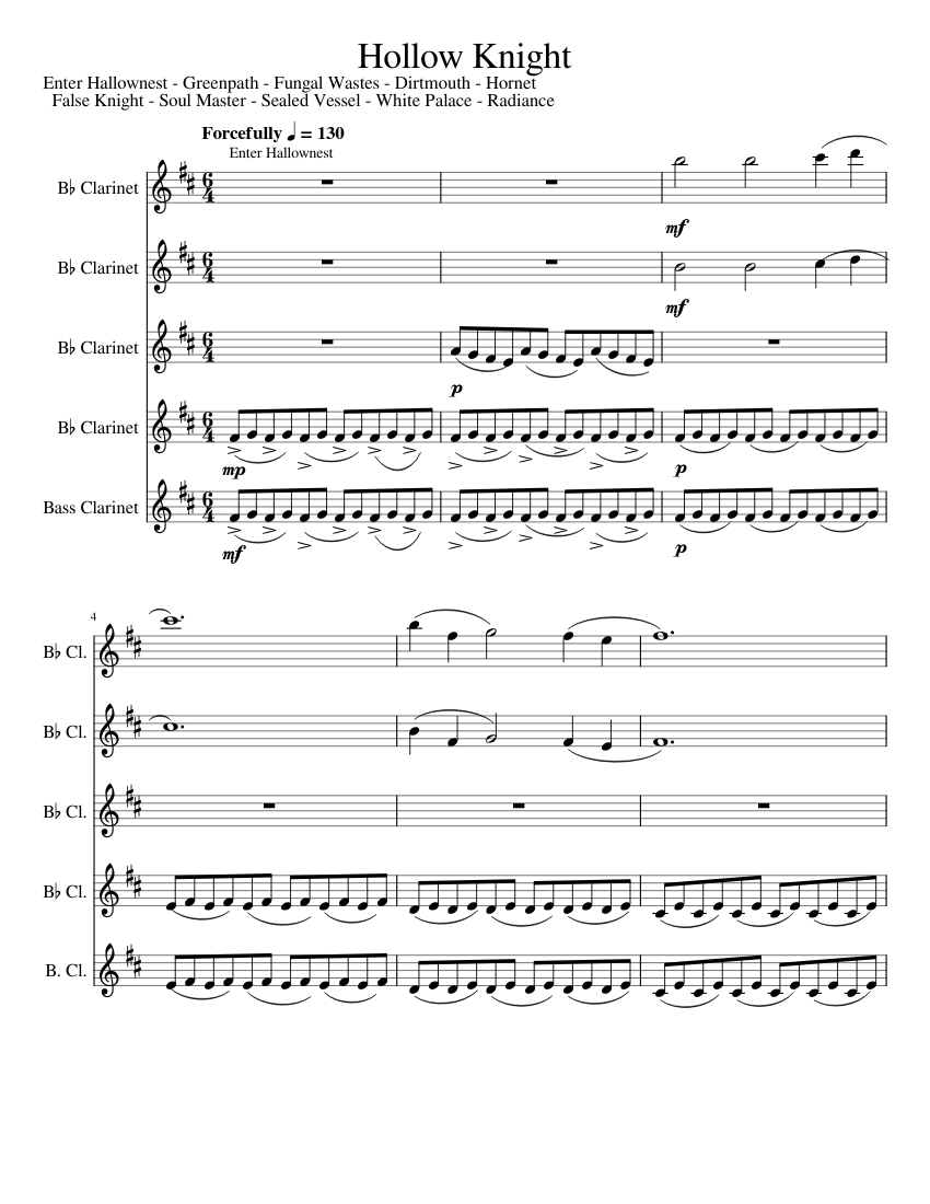 Hollow Knight For Clarinet Quintet Sheet Music For Clarinet In B-flat ...