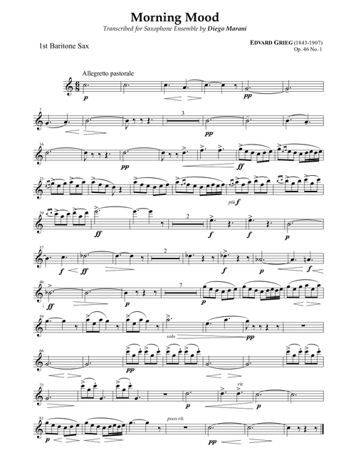 Peer Gynt Suite Op. 46 No. 1 for Saxophone Ensemble - Baritone Sax 1 (Arr. Diego Marani) - E. Grieg (Woodwind Ensemble)