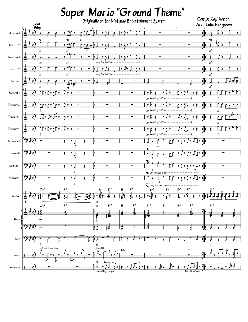 Super Mario Theme for Big/Jazz Band Sheet music for Piano, Trombone ...