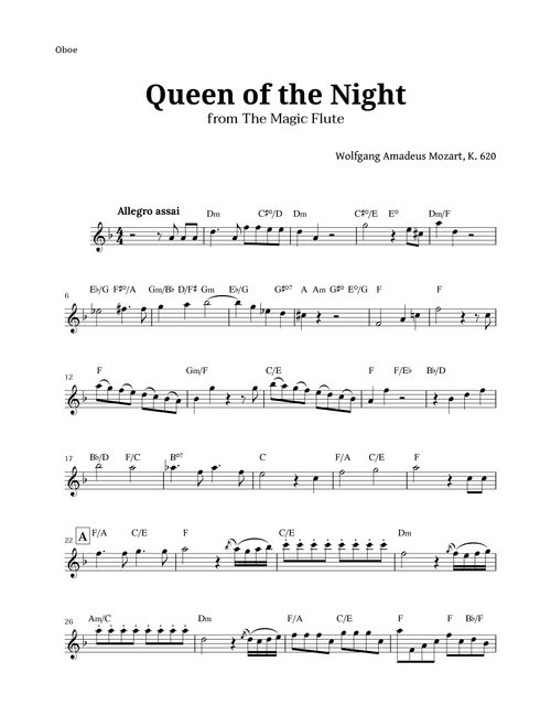 Queen of the Night by Mozart for Oboe with Chords (Arr. Langanho) (Oboe Solo)