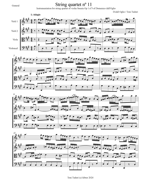 String quartet nº11-Toni Tudurí (instr. of Domenico dall'Oglio violin Sonata Op1 nº3 in A Maj) (Arr. Antonio Tudurí VIla) (String Quartet)