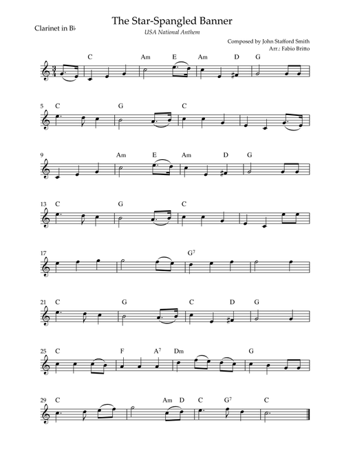 The Star Spangled Banner (USA National Anthem) for Clarinet in Bb Solo with Chords (Bb Major) (Arr. Fabio Britto) - John Stafford Smith (Clarinet Solo)