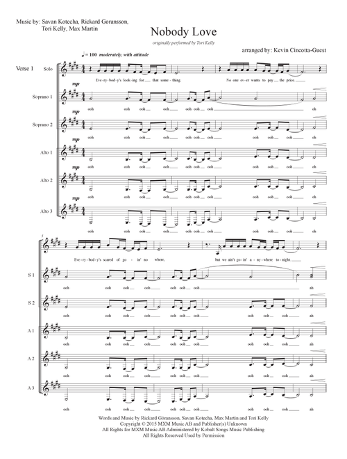 Nobody Love (Arr. Kevin Cincotta-Guest) - Tori Kelly (Choral, SSA)