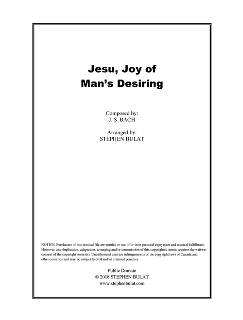 Jesu, Joy of Man's Desiring (Bach) - Lead sheet (key of A) (Arr. Stephen Bulat) - J S Bach (Large Ensemble)