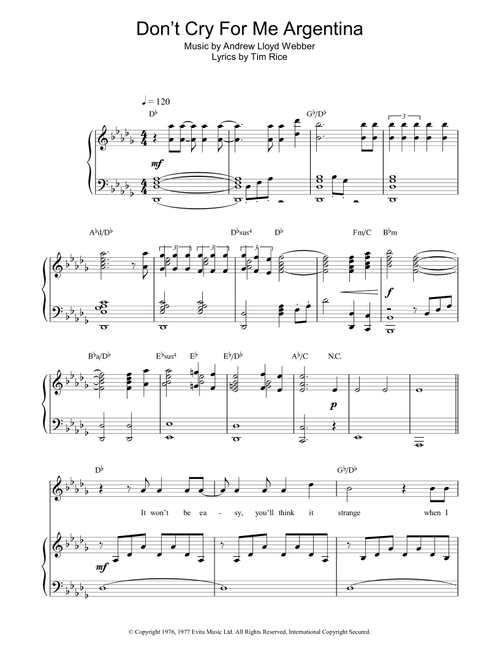Don't Cry For Me Argentina - Andrew Lloyd Webber, Madonna, Evita (Musical) (Piano-Vocal-Guitar (Piano Accompaniment))
