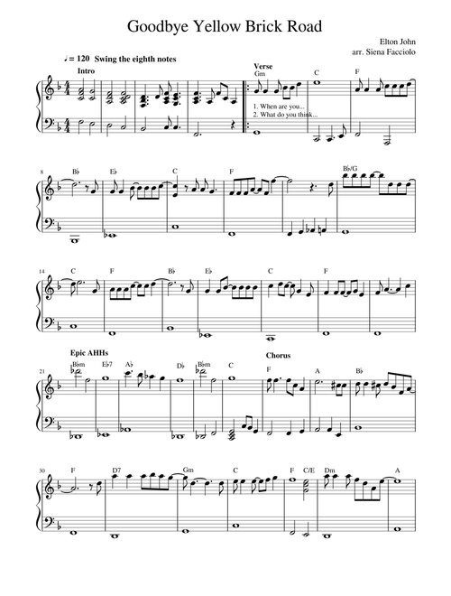 Goodbye Yellow Brick Road Beginner Piano