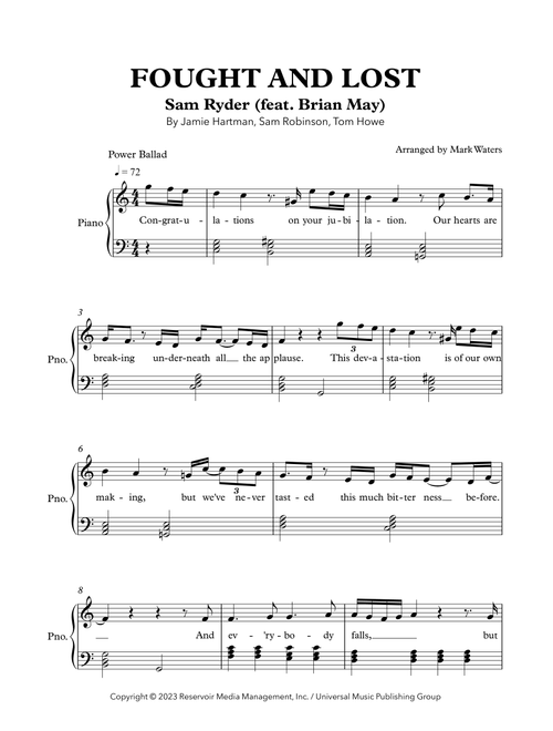 Fought & Lost (Arr. Mark Waters) - Sam Ryder (Piano Vocal)