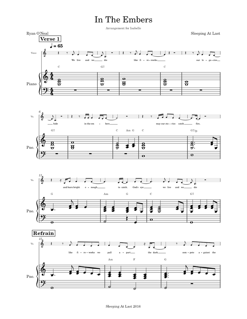 In the embers sleeping at last arrangement for isabelle sheet music