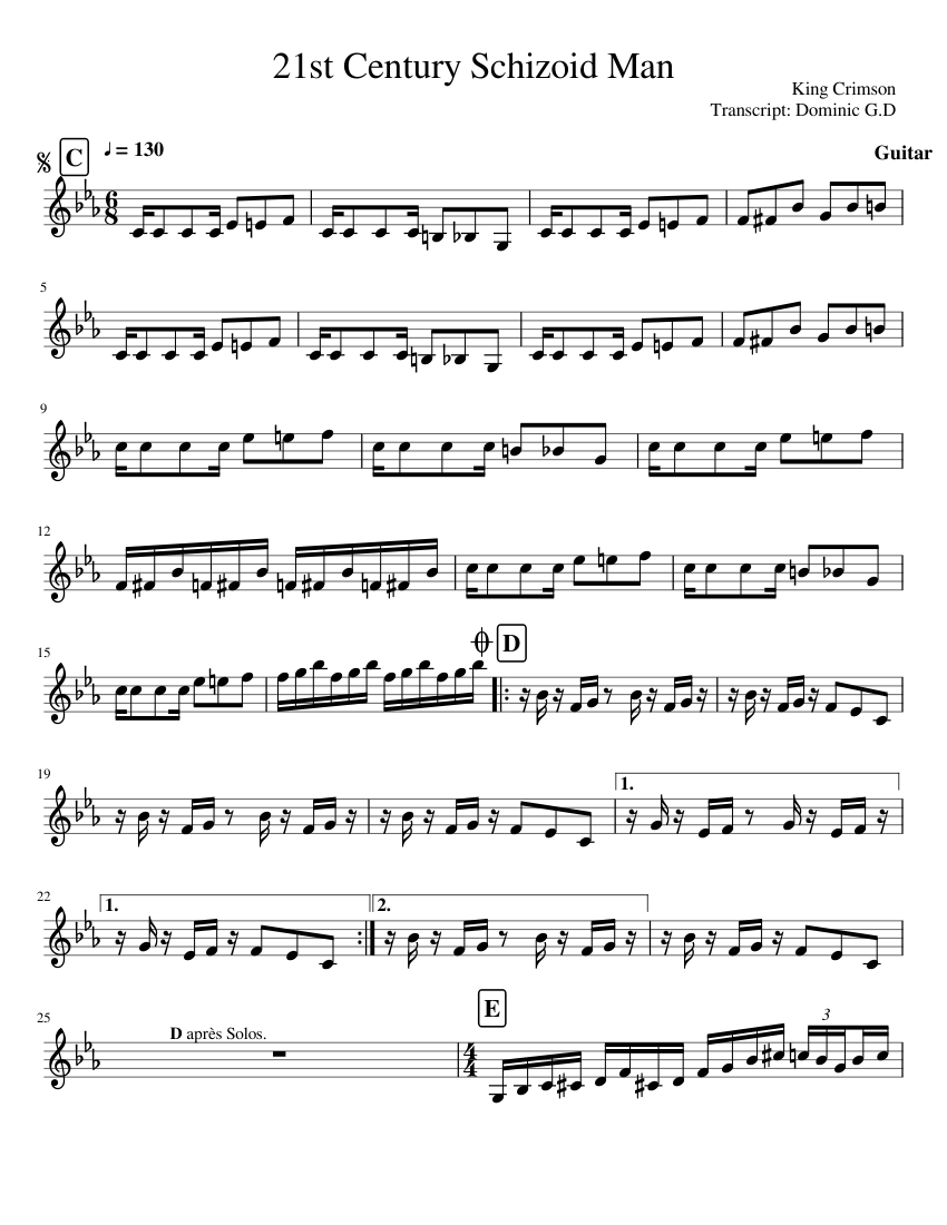 21st century schizoid man Sheet Music for Piano (Solo) easy